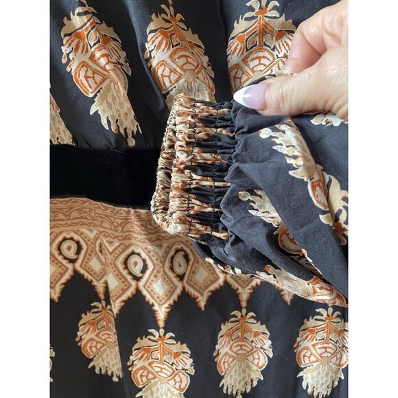 JOHANNA ORTIZ Black Symbolic Emblems Velvet Trimmed Printed Cotton Midi Dress 4 - Picture 15 of 16